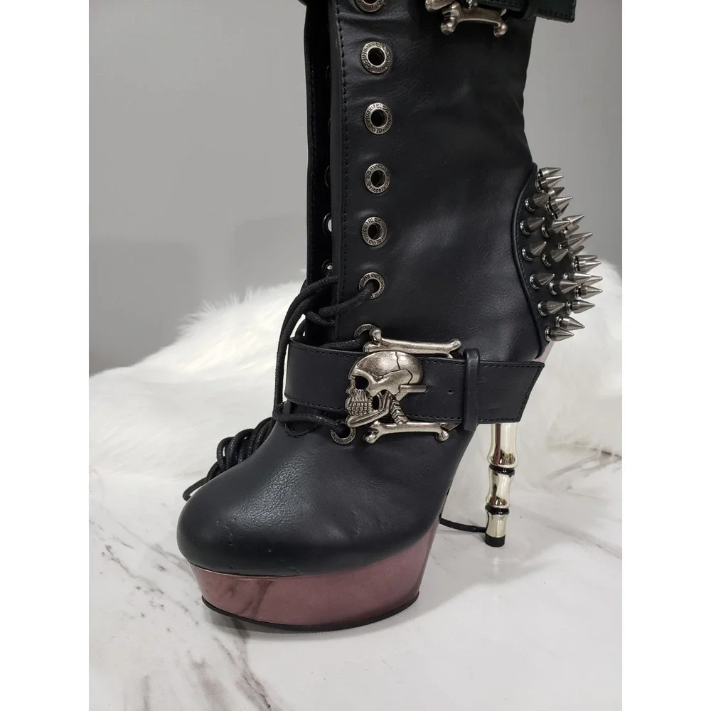 SIZE 7 DEMONIA Muerto Bone High Heel Spiked Skull Buckle Moto gothic Knee Boots